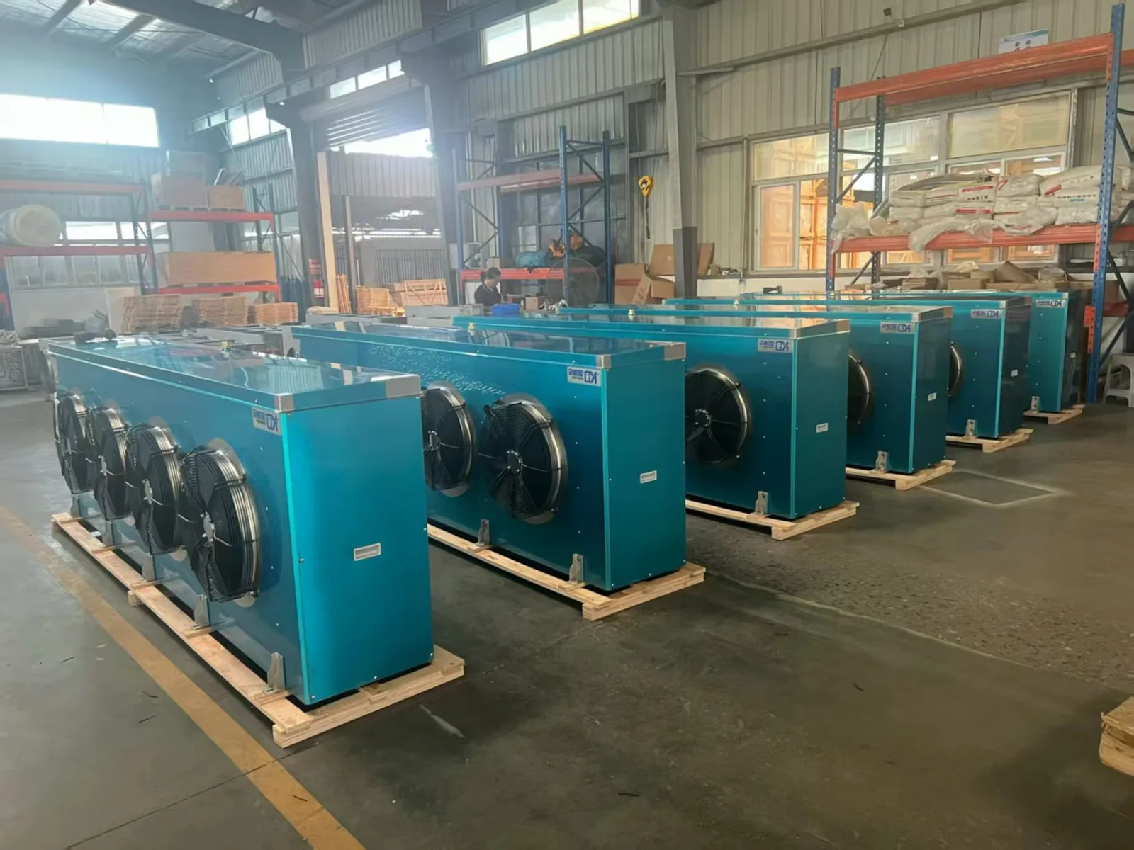 Cold-room air coolers lined up in the workshop